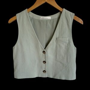 Oak + Fort XS Sage Green Linen Blend Cropped Vest Tank Top Shirt Spring Easter